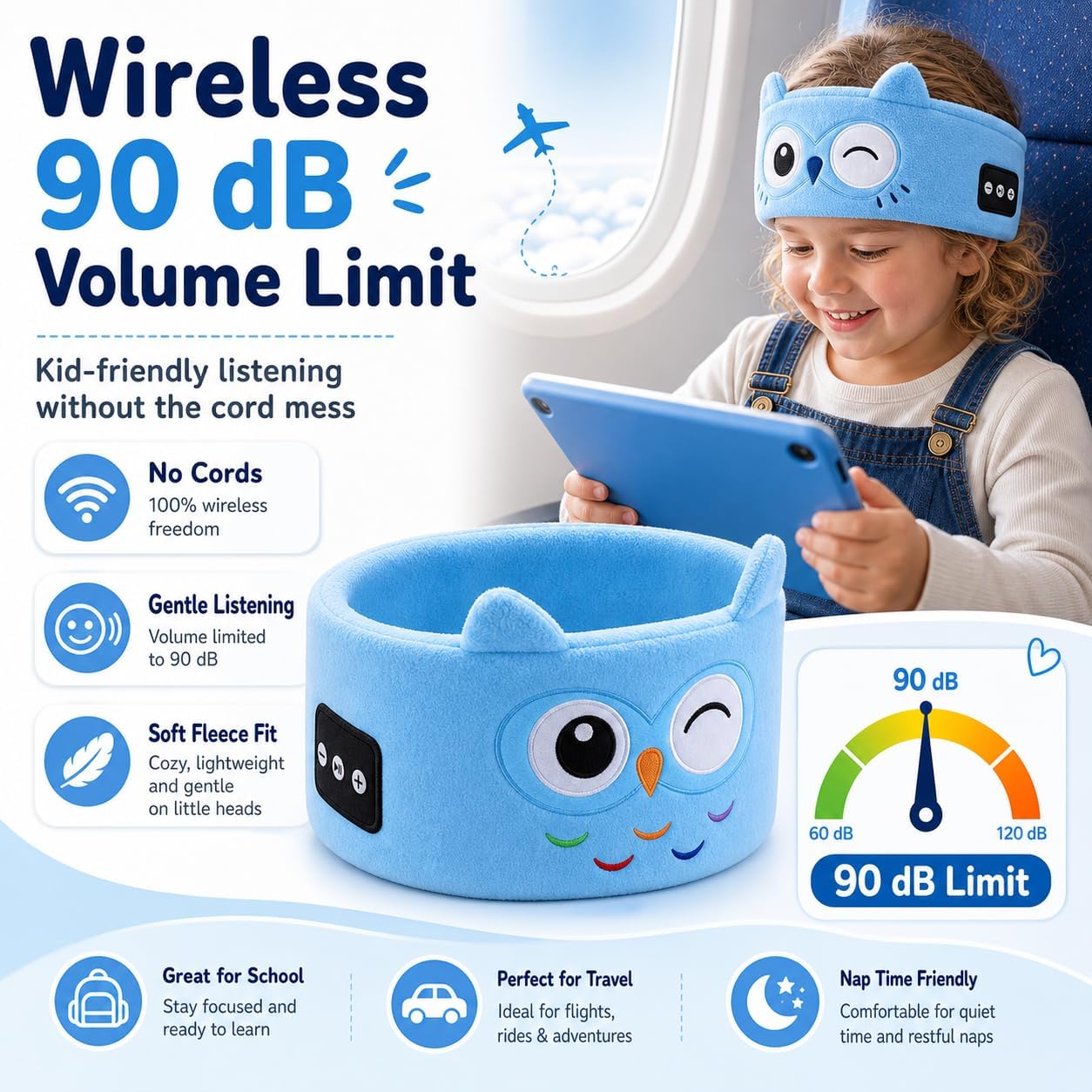 Kids Wireless Headphones with Soft Fleece Headband & Owl Design