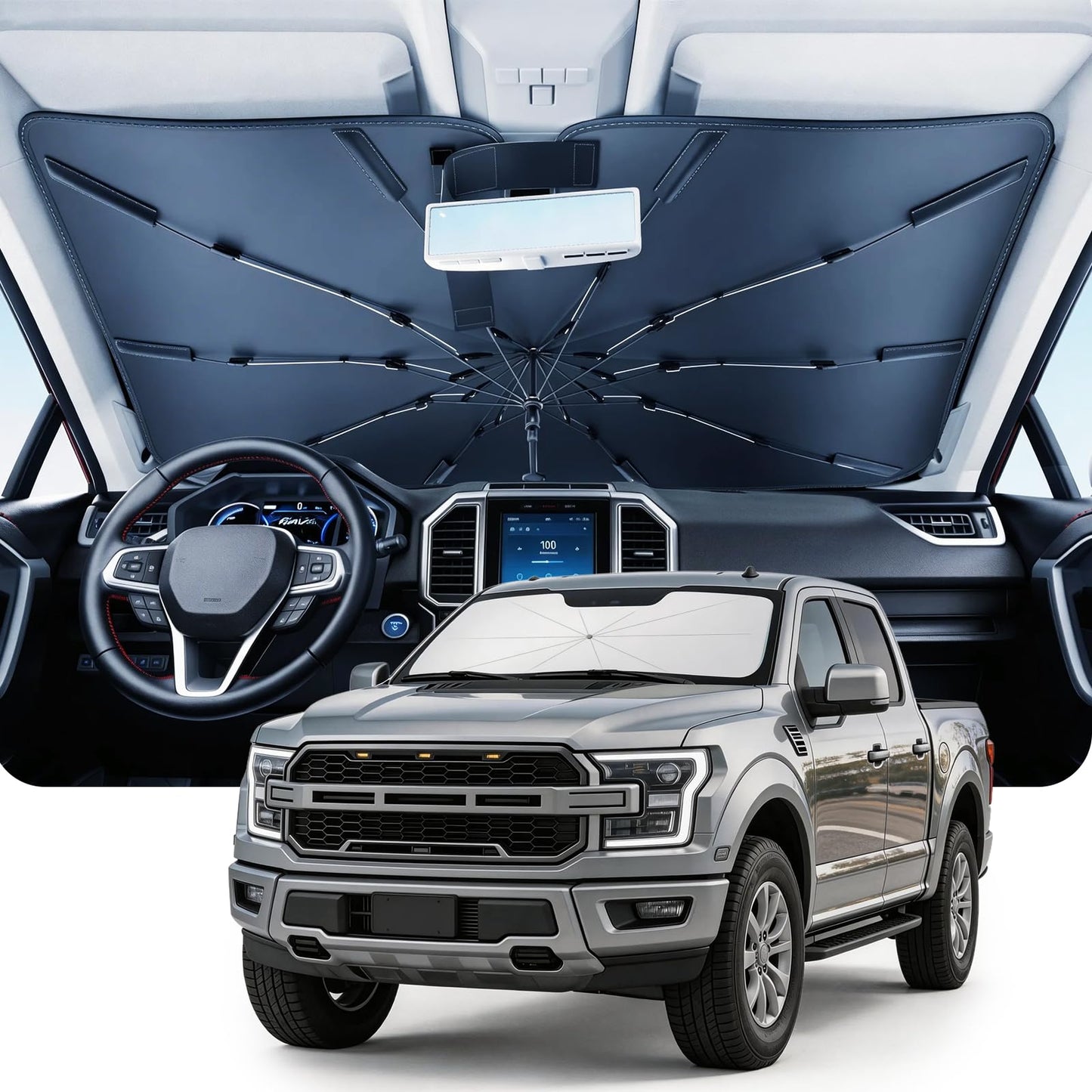 Umbrella Windshield Sun Shade for Chevy Silverado (2011-2026), Car Sunshade for Front Windshield [Nano Ice-Crystal Coatings] UPF50+ Heat & UV Block, Protect Interior & Keep Cooler