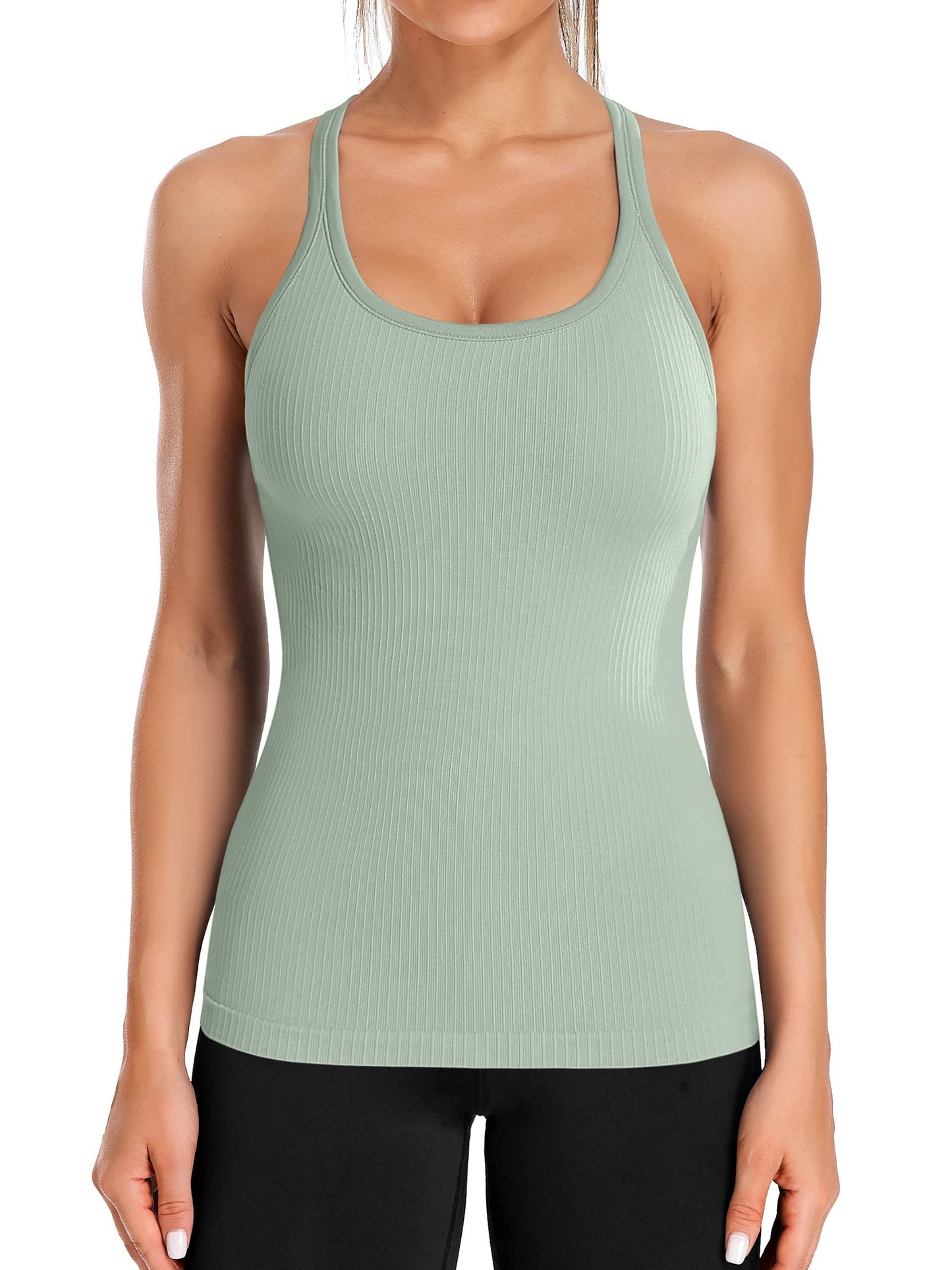 ATTRACO Women's Ribbed Racerback Workout Tank with Built-In Bra