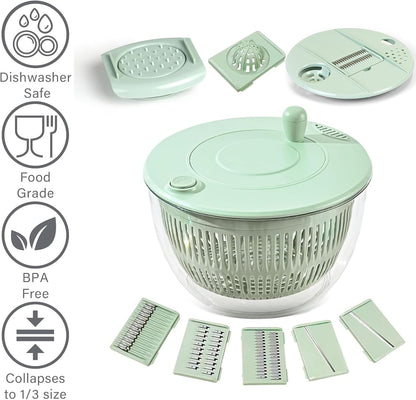 Salad Spinner & Veg Grater Set, Large Bowl, Slicer & Shredder, Manual Kitchen Gadget