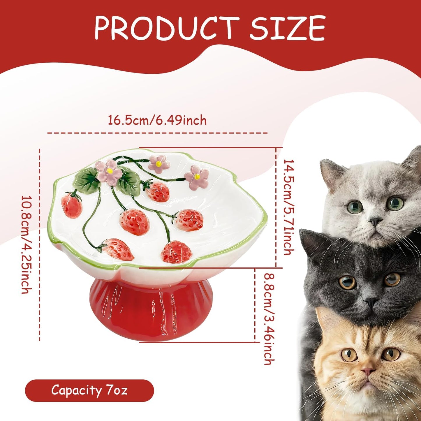 Ceramic Strawberry Raised Cat Bowl for Anti-Vomit & Whisker Relief