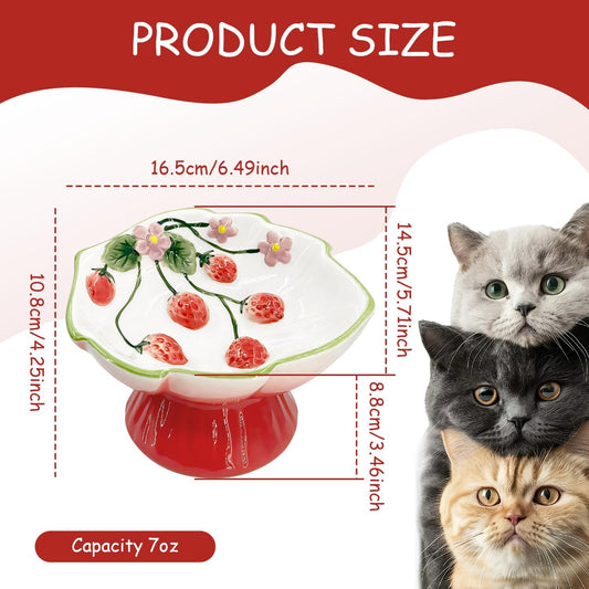Ceramic Strawberry Raised Cat Bowl for Anti-Vomit & Whisker Relief