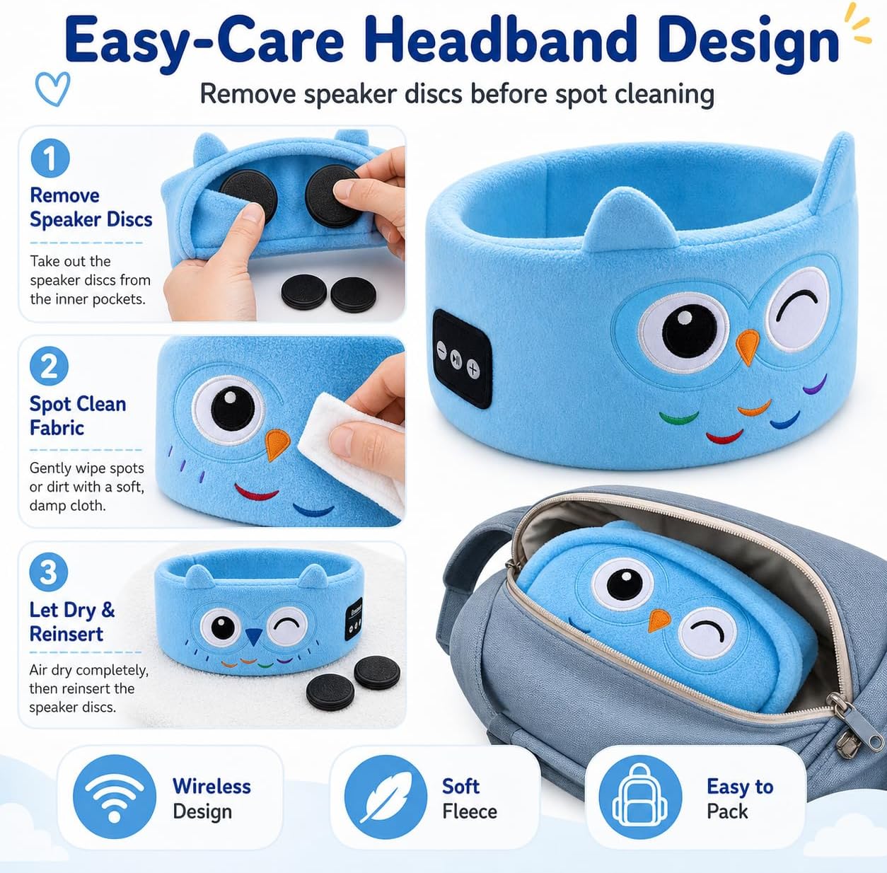 Kids Wireless Headphones with Soft Fleece Headband & Owl Design