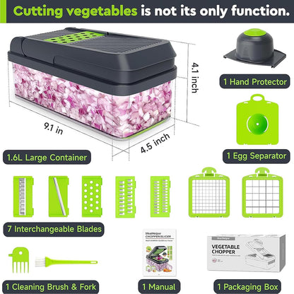 MealHelper 12-in-1 Vegetable Chopper, Food Veggie Chopper With Container | Kitchen Prep Tool, Cheese Grater, Home Essentials & Kitchen Gadgets, with Sharp Stainless Steel Blades(7 Blades, Green)