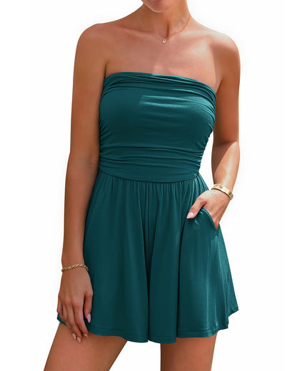 BTFBM Women's Strapless Boho Summer Romper with Pockets
