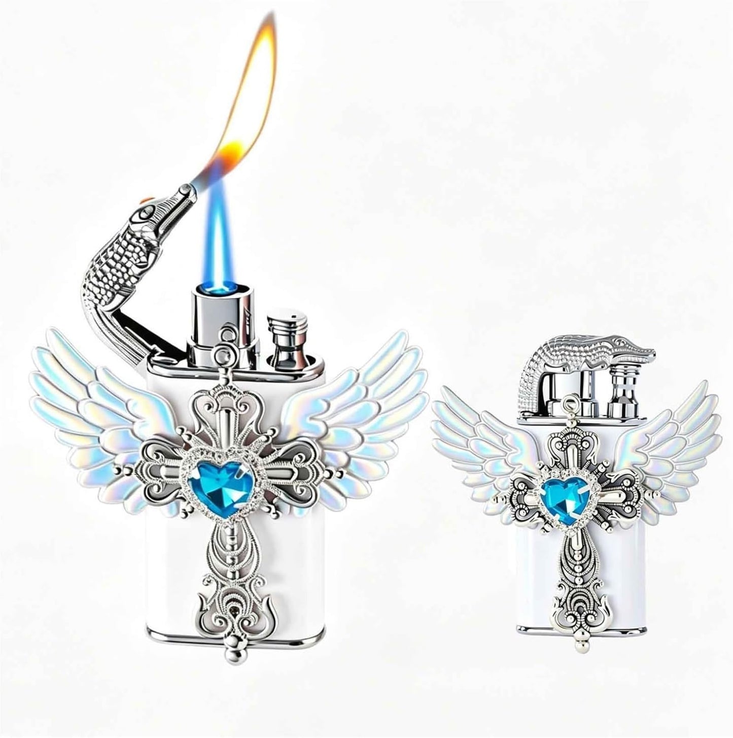 Embossed Metal Double Flame Windproof Butane Lighter for Men, White