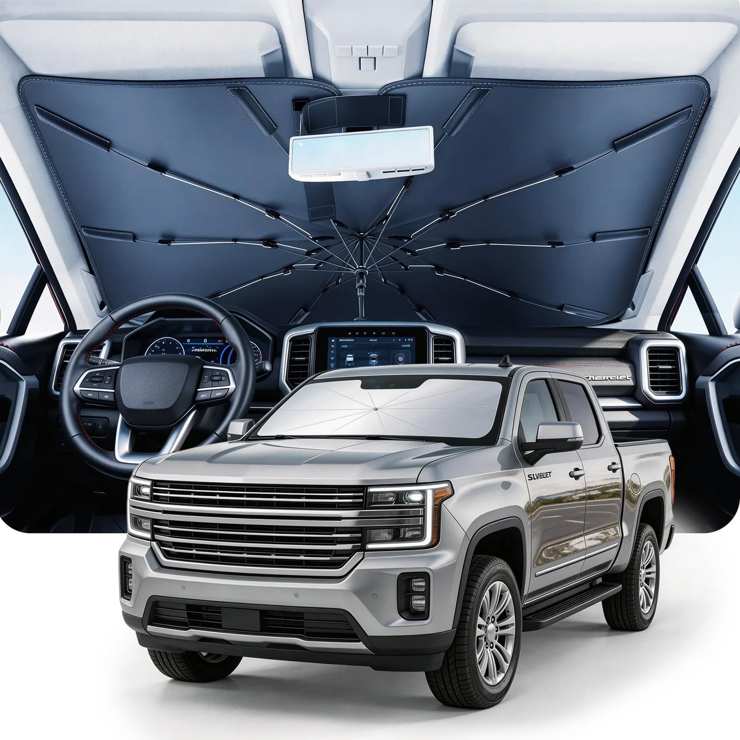 Umbrella Windshield Sun Shade for Chevy Silverado (2011-2026), Car Sunshade for Front Windshield [Nano Ice-Crystal Coatings] UPF50+ Heat & UV Block, Protect Interior & Keep Cooler