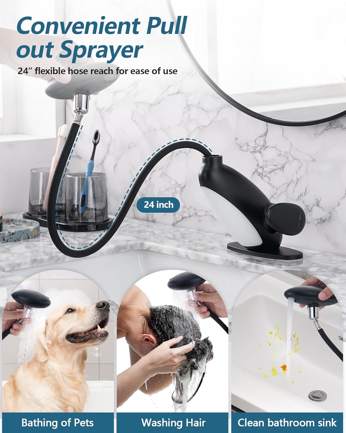 LED Waterfall Bathroom Faucet with Pull-Out Sprayer & 360° Rotation