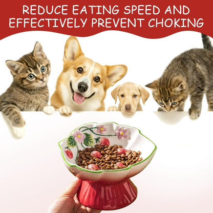 Ceramic Strawberry Raised Cat Bowl for Anti-Vomit & Whisker Relief