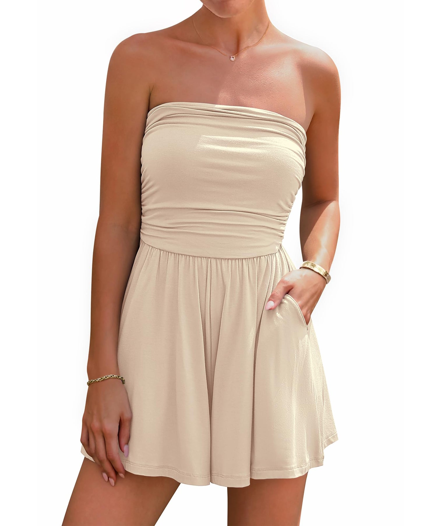BTFBM Women's Strapless Boho Summer Romper with Pockets