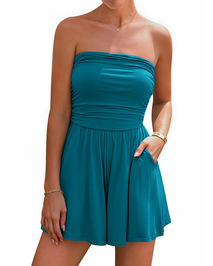 BTFBM Women's Strapless Boho Summer Romper with Pockets