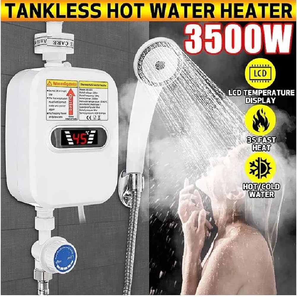 Electric Tankless Shower Head, Instant Water Heater, Temp Adjustable