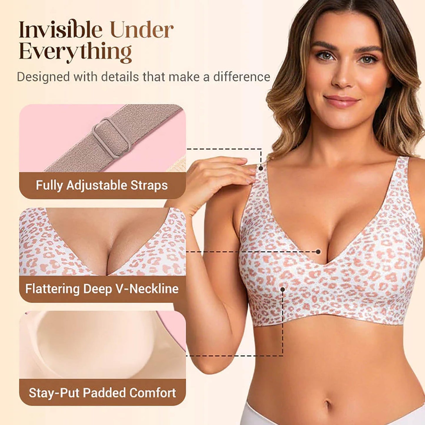 Women's Seamless Leopard Print Push-Up Bra Wireless Deep V Support