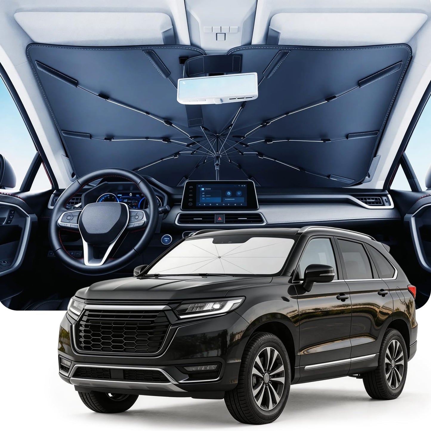 Umbrella Windshield Sun Shade for Chevy Silverado (2011-2026), Car Sunshade for Front Windshield [Nano Ice-Crystal Coatings] UPF50+ Heat & UV Block, Protect Interior & Keep Cooler