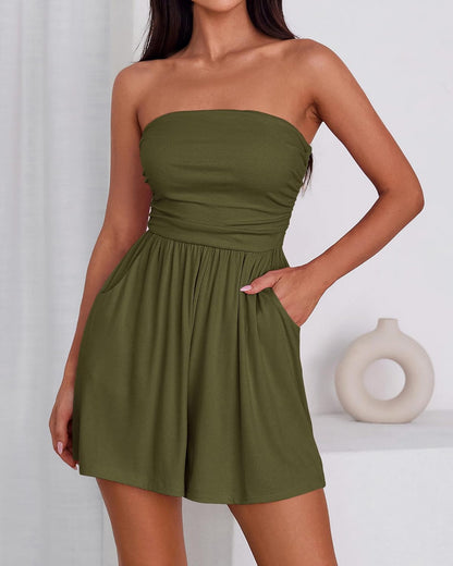 BTFBM Women's Strapless Boho Summer Romper with Pockets