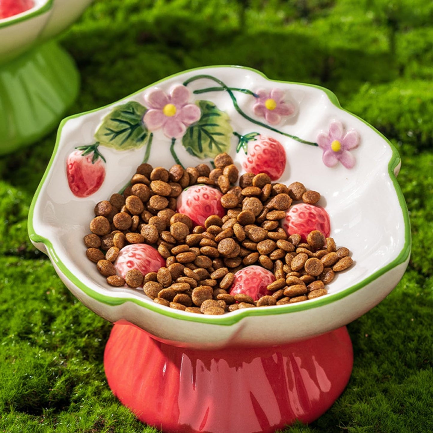 Ceramic Strawberry Raised Cat Bowl for Anti-Vomit & Whisker Relief