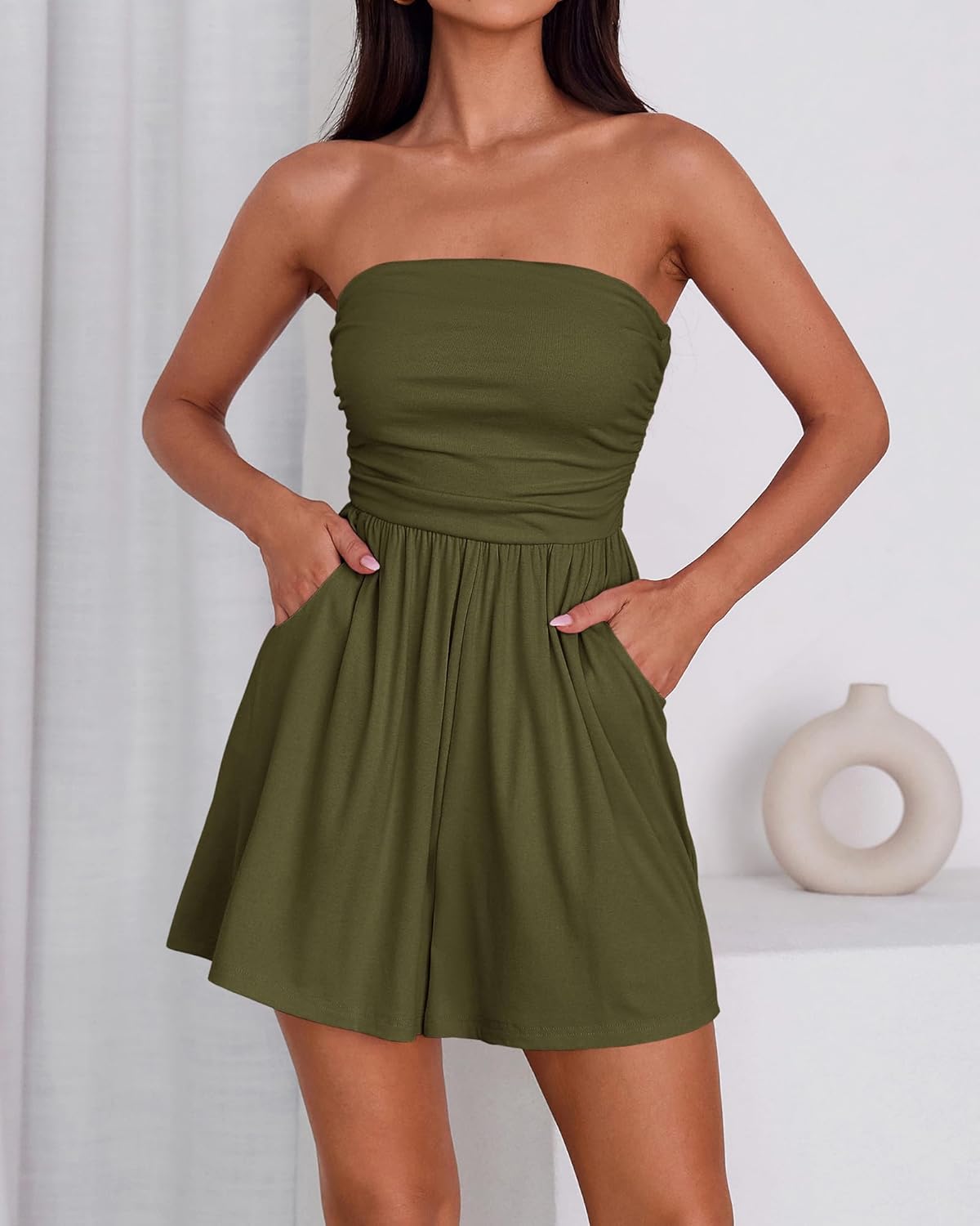 BTFBM Women's Strapless Boho Summer Romper with Pockets