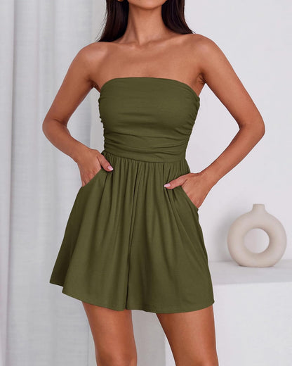 BTFBM Women's Strapless Boho Summer Romper with Pockets