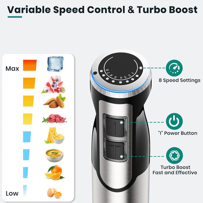 Colarlemo 1800W 4-in-1 Hand Blender, Ice Crush, Turbo, Whisk