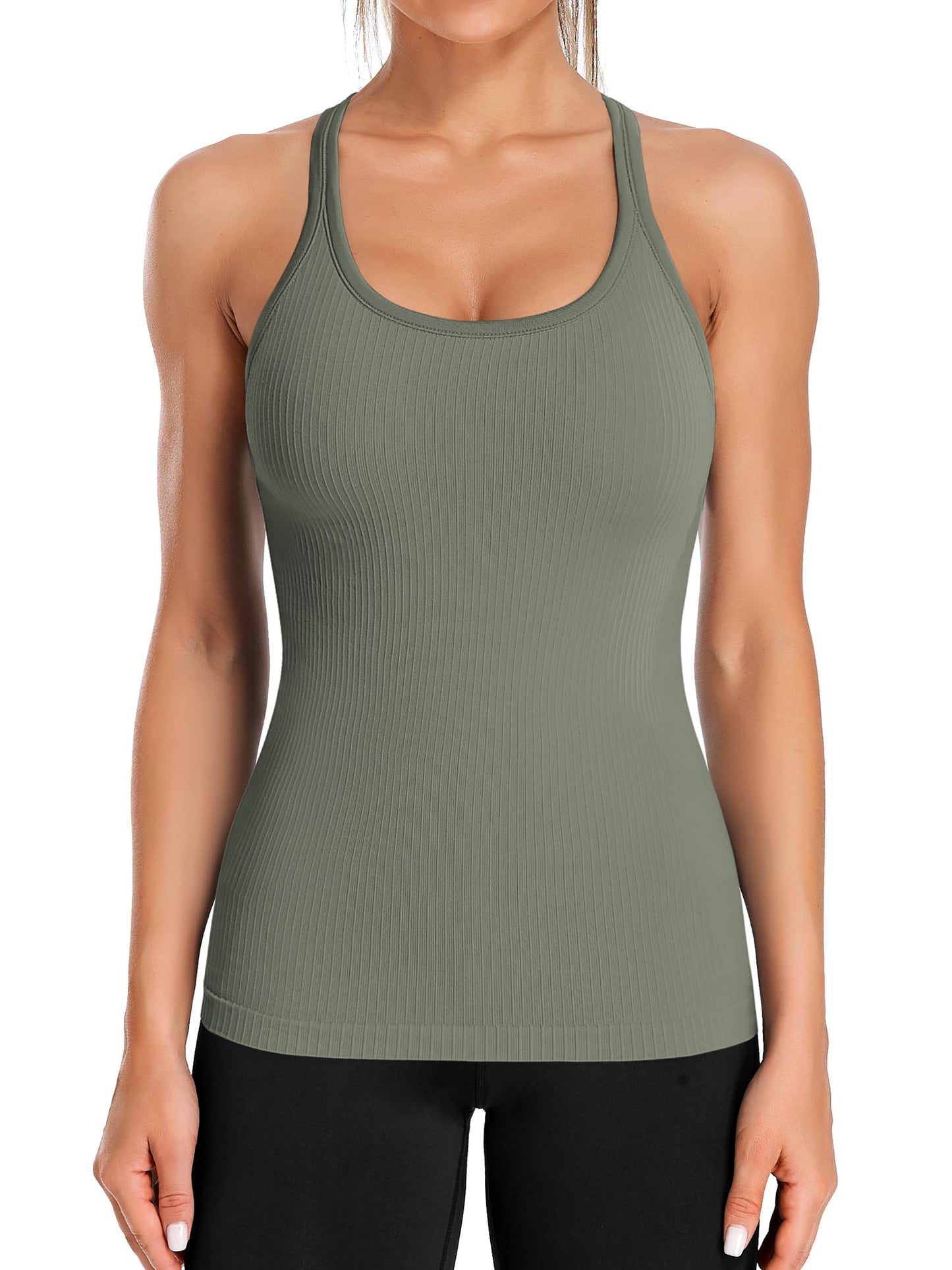 ATTRACO Women's Ribbed Racerback Workout Tank with Built-In Bra