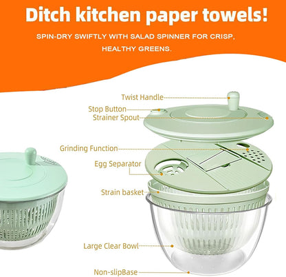 Salad Spinner & Veg Grater Set, Large Bowl, Slicer & Shredder, Manual Kitchen Gadget