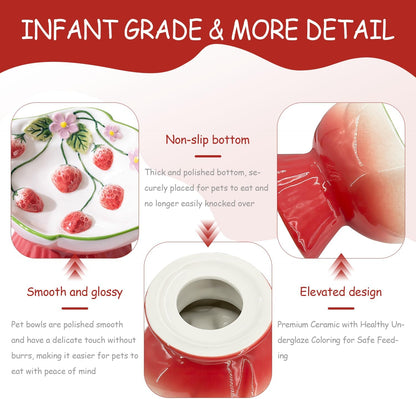 Ceramic Strawberry Raised Cat Bowl for Anti-Vomit & Whisker Relief