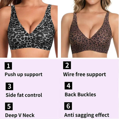 Women's Seamless Leopard Print Push-Up Bra Wireless Deep V Support