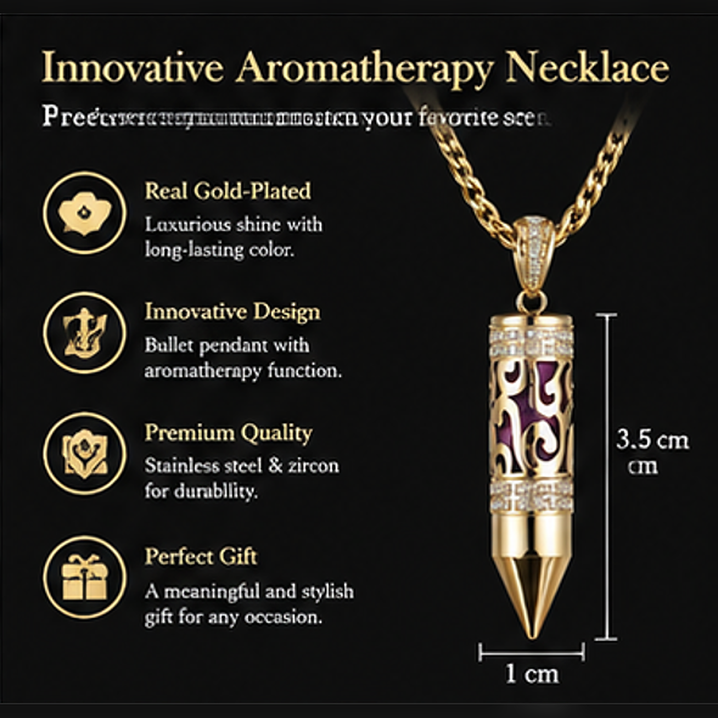 Gold Plated Bullet Aroma Necklace, CZ Pendant Jewelry