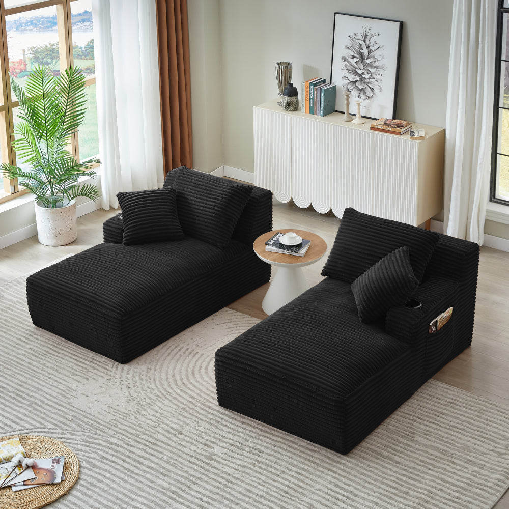 Compressible double chaise lounge with cupholders - No Assembly Required, Fluffy Modern Sleeper Loveseat for Indoor Living Room Bedroom Reading