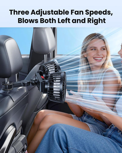 Dual Rotatable Head Car Fan, 360° Stepless Speed Cooling Fan for Rear Seat Pets