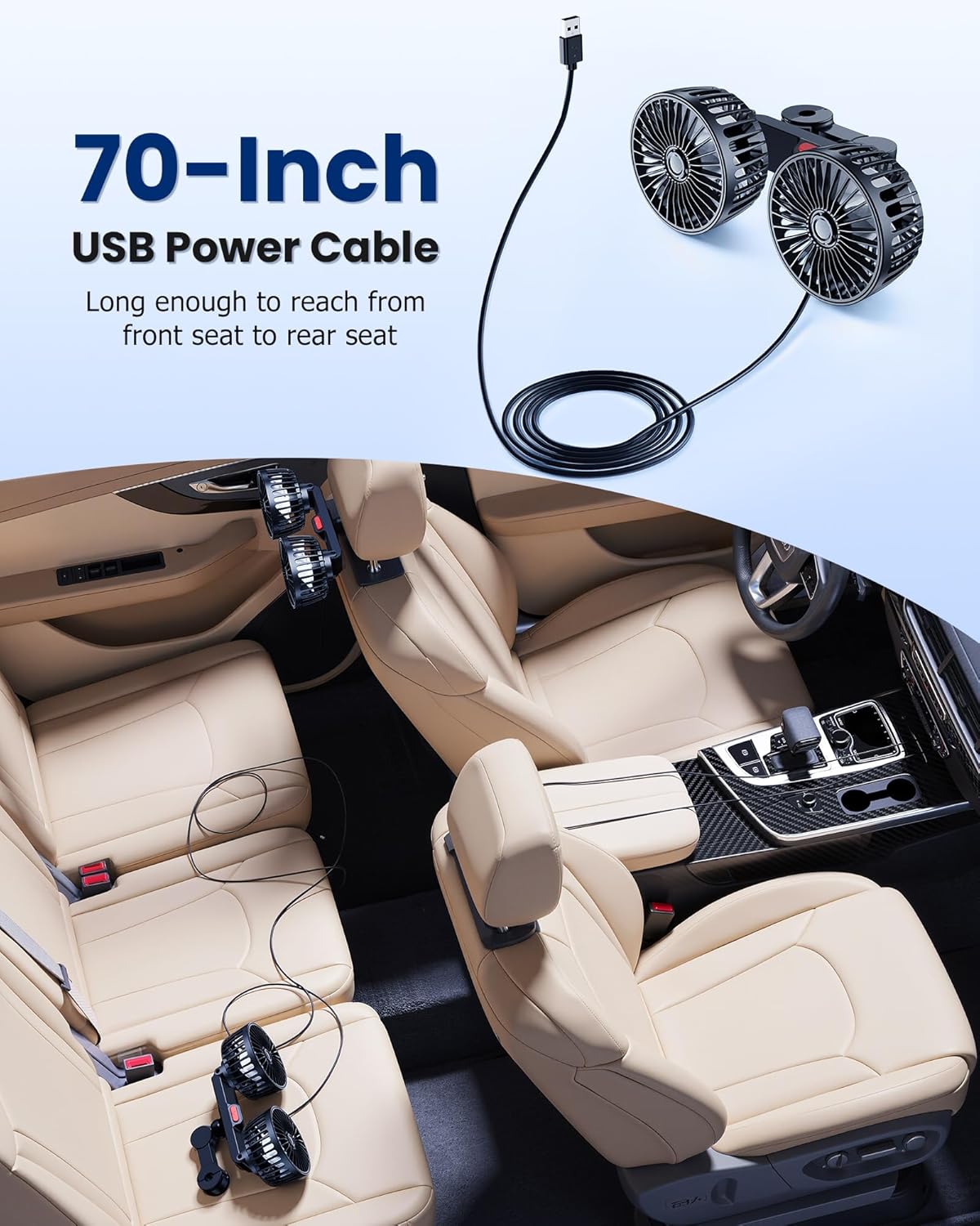 Dual Rotatable Head Car Fan, 360° Stepless Speed Cooling Fan for Rear Seat Pets