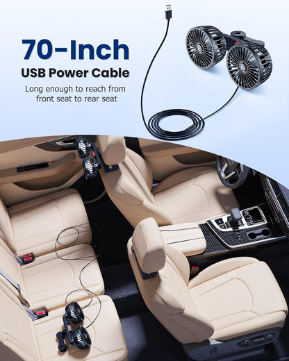 Dual Rotatable Head Car Fan, 360° Stepless Speed Cooling Fan for Rear Seat Pets