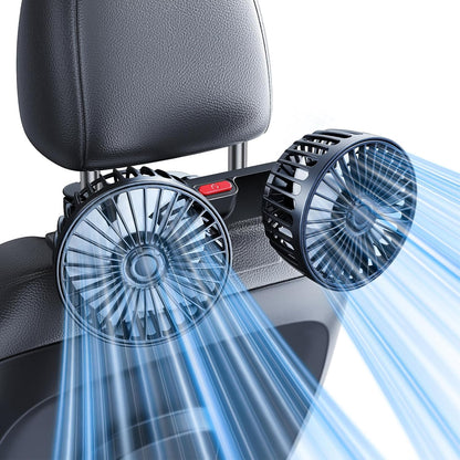 Dual Rotatable Head Car Fan, 360° Stepless Speed Cooling Fan for Rear Seat Pets
