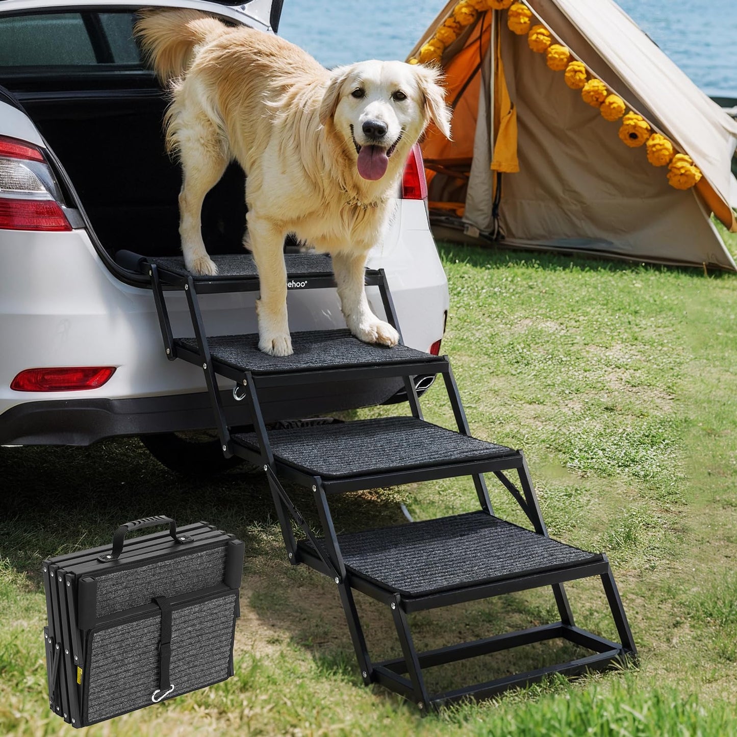 Foldable Dog Steps for Car & Truck, Heavy-Duty 4-Step Pet Stairs