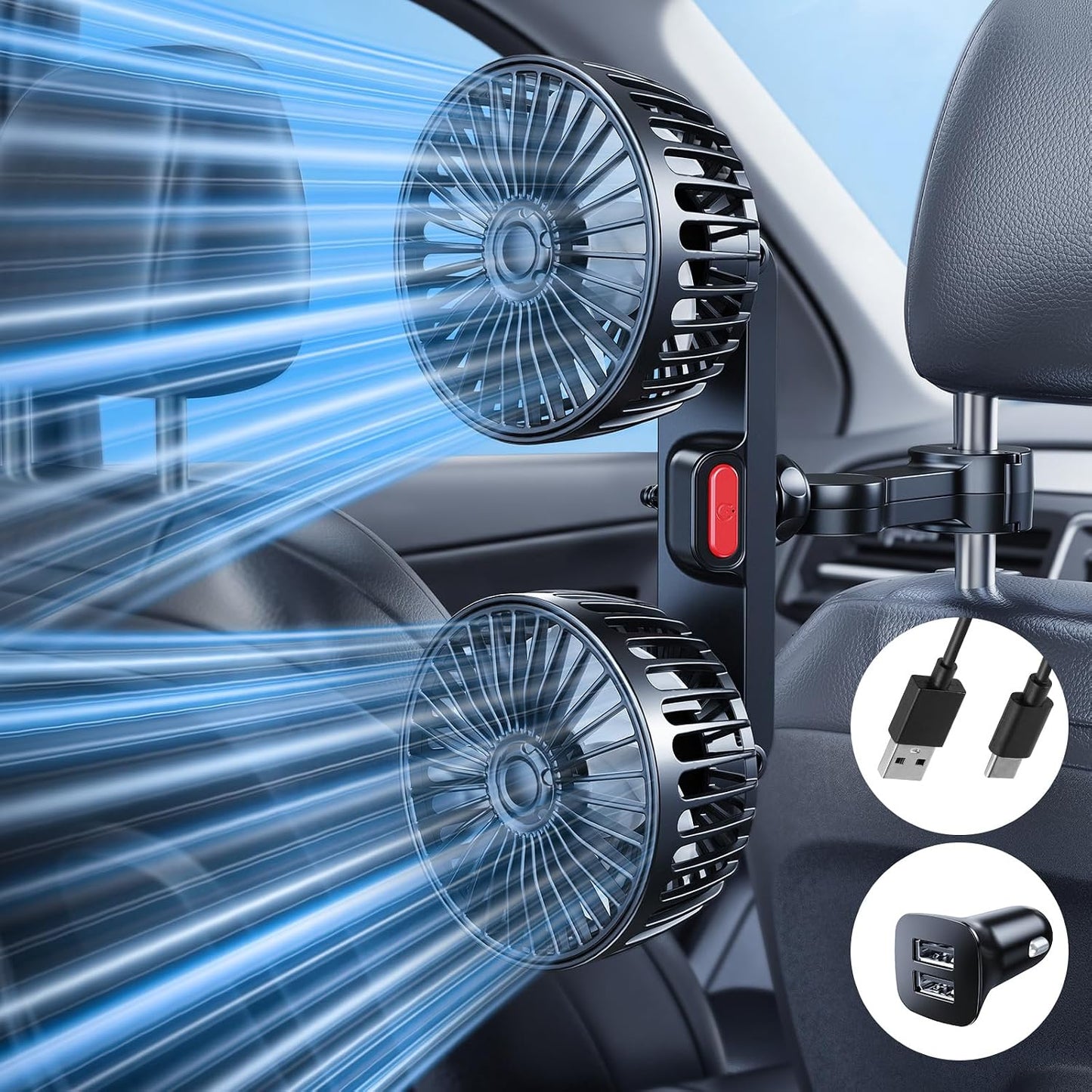 Dual Rotatable Head Car Fan, 360° Stepless Speed Cooling Fan for Rear Seat Pets