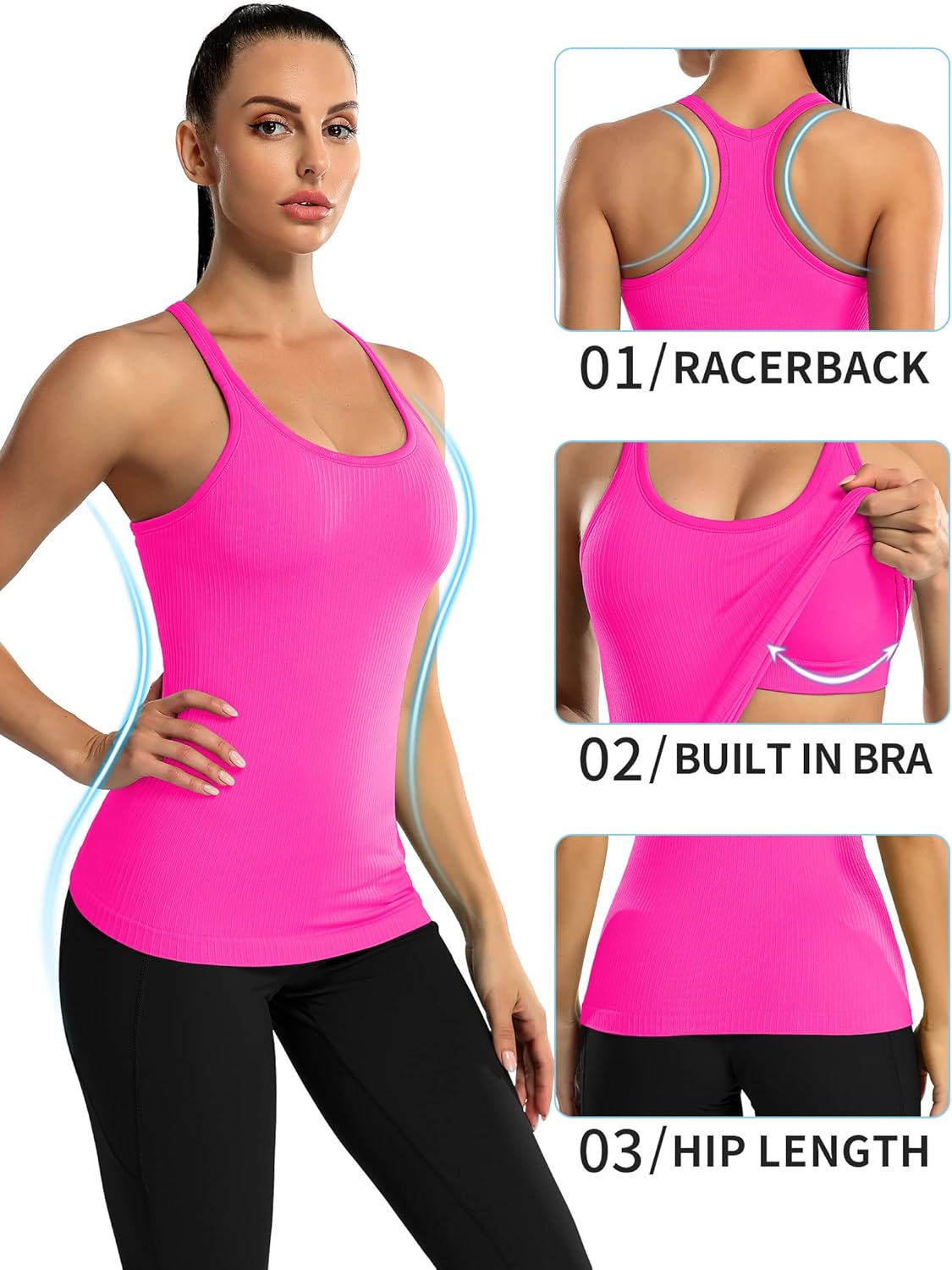 ATTRACO Women's Ribbed Racerback Workout Tank with Built-In Bra