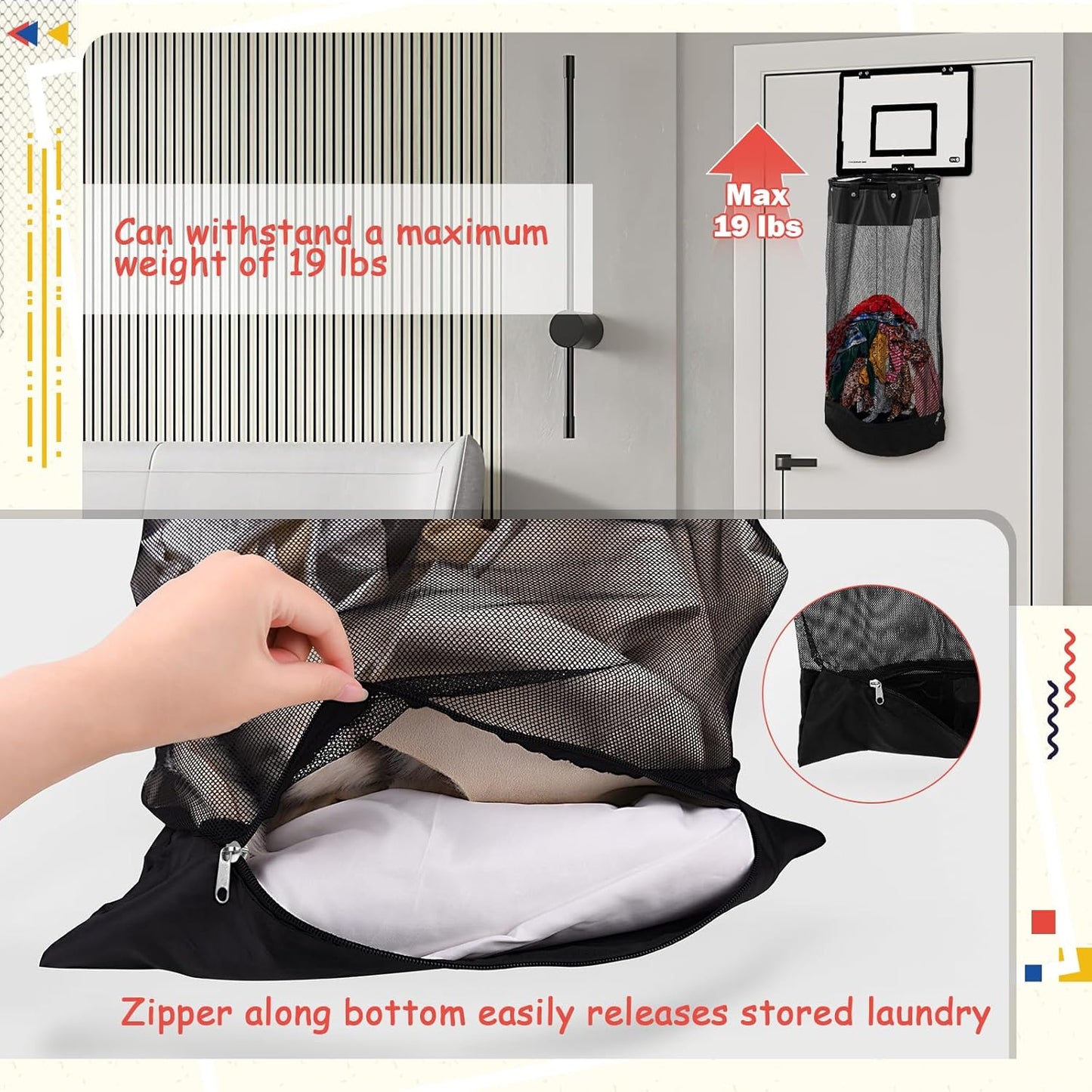 2-in-1 Hanging Door Basketball Laundry Hamper with Hoop Zipper Base
