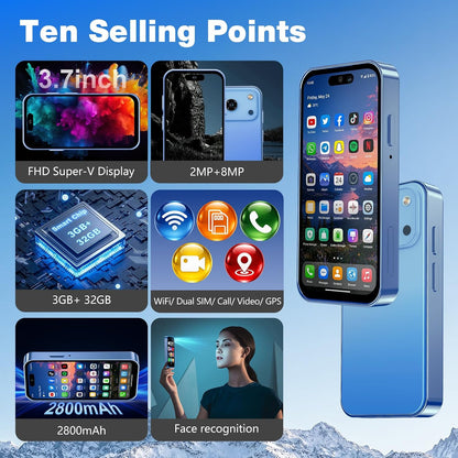 Blue Kids Mini Android Smartphone 3GB+32GB Unlocked Backup Phone
