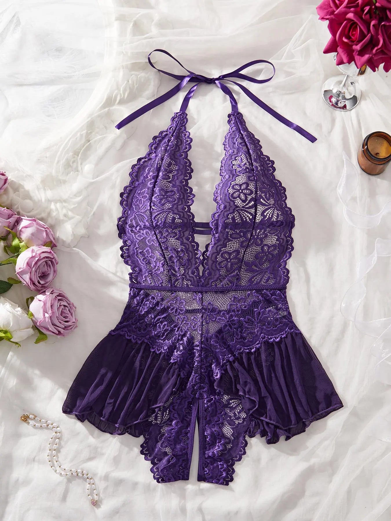 Women's Sexy Lace Teddy Bodysuit Sheer Sleeveless Lingerie