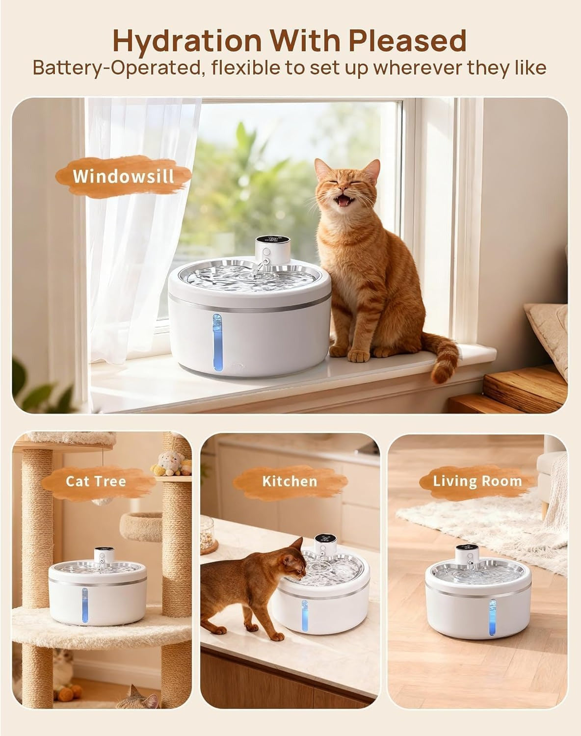 Wireless Pet Water Fountain [with Stainless Steel Tray], 84oz/2.5L Pet Fountain for  Inside, Pet Fountain for Drinking with Motion Sensor