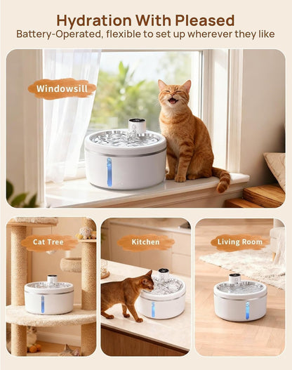 Wireless Pet Water Fountain [with Stainless Steel Tray], 84oz/2.5L Pet Fountain for  Inside, Pet Fountain for Drinking with Motion Sensor