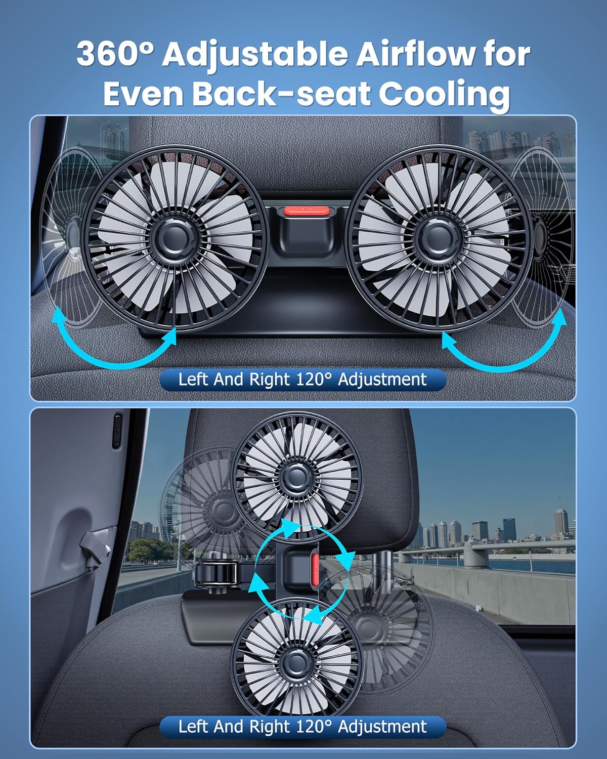 Dual Rotatable Head Car Fan, 360° Stepless Speed Cooling Fan for Rear Seat Pets