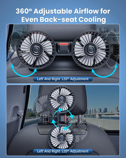 Dual Rotatable Head Car Fan, 360° Stepless Speed Cooling Fan for Rear Seat Pets