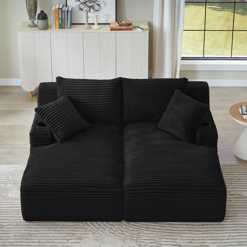 Compressible double chaise lounge with cupholders - No Assembly Required, Fluffy Modern Sleeper Loveseat for Indoor Living Room Bedroom Reading