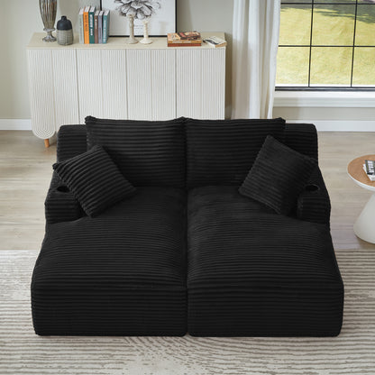 Compressible double chaise lounge with cupholders - No Assembly Required, Fluffy Modern Sleeper Loveseat for Indoor Living Room Bedroom Reading