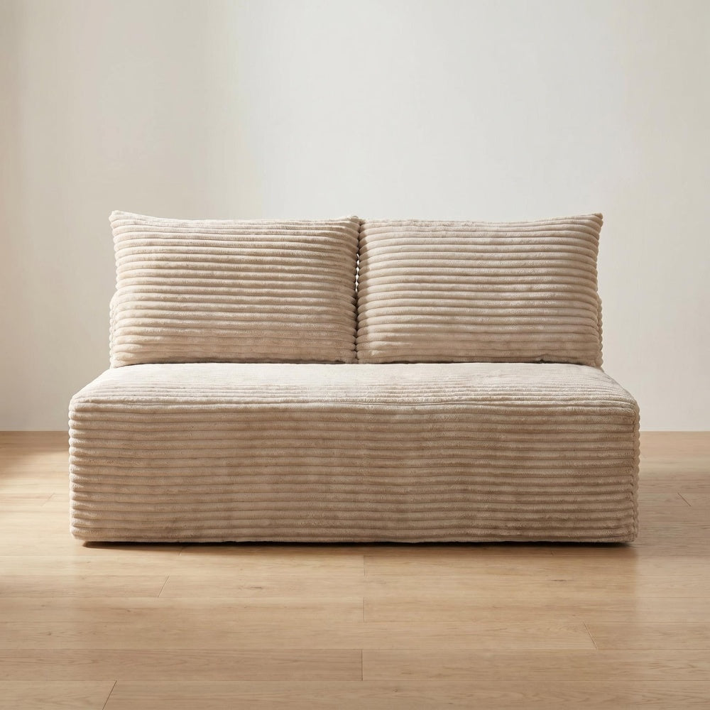 Camel Corduroy Ground-Hugging Compressed Loveseat, Armless No-Legs 2-Seater Sofa for Living Room Small Apartment