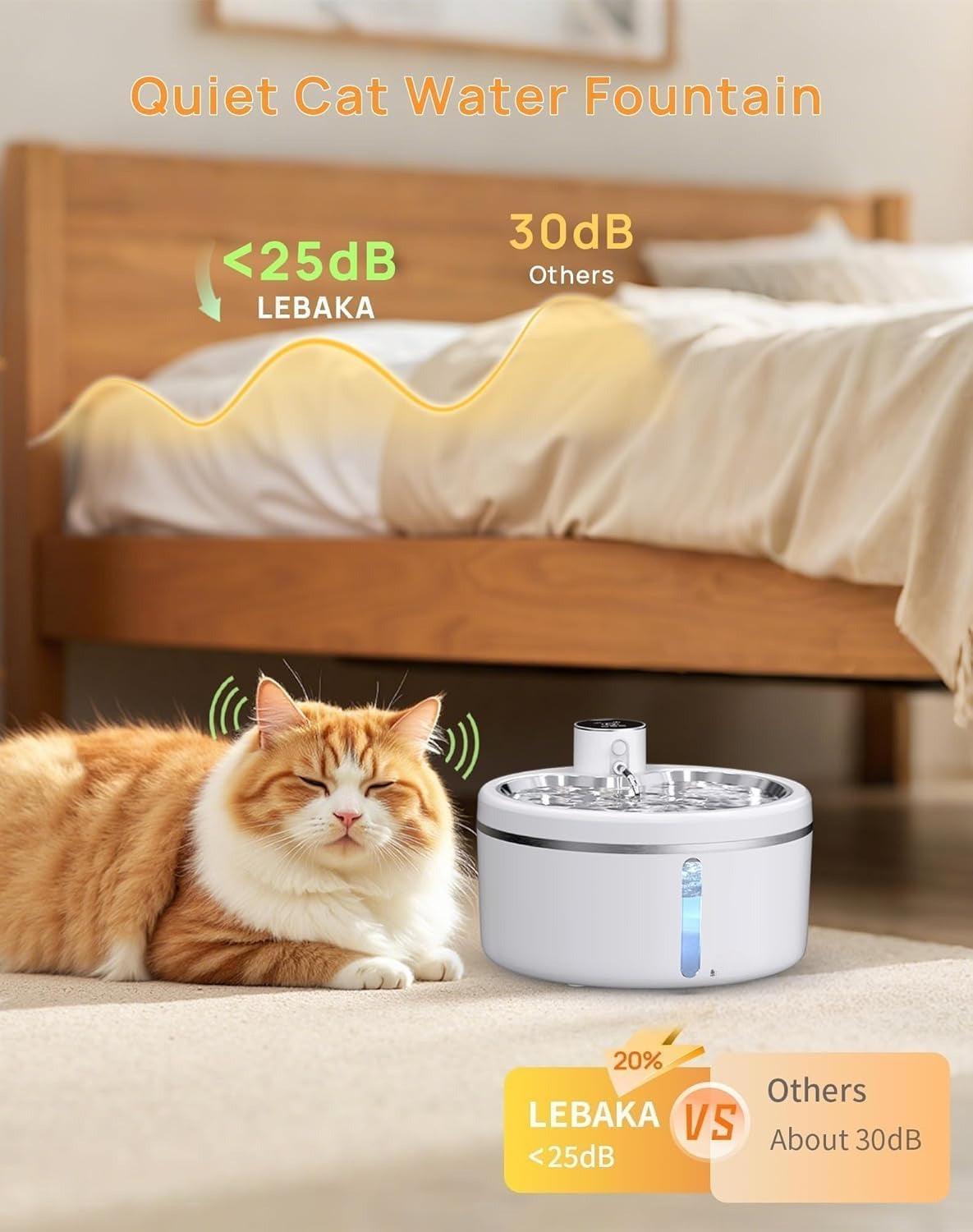 Wireless Pet Water Fountain [with Stainless Steel Tray], 84oz/2.5L Pet Fountain for  Inside, Pet Fountain for Drinking with Motion Sensor