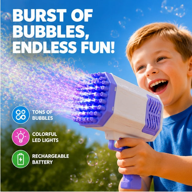 Rocket Bubble Gun for Kids - Automatic 32 Hole Bubble Blaster Toy with LED Light