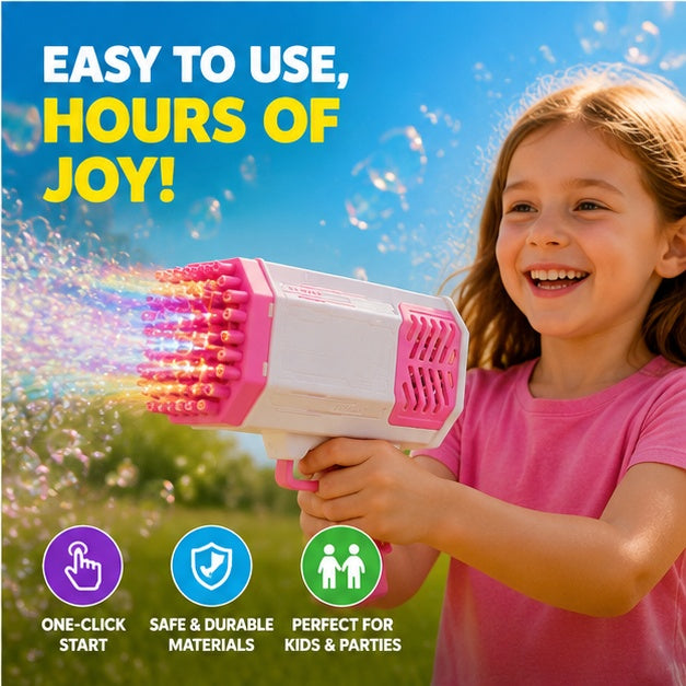 Rocket Bubble Gun for Kids - Automatic 32 Hole Bubble Blaster Toy with LED Light