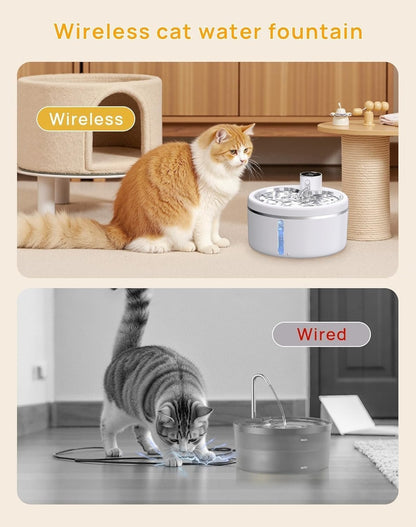 Wireless Pet Water Fountain [with Stainless Steel Tray], 84oz/2.5L Pet Fountain for  Inside, Pet Fountain for Drinking with Motion Sensor